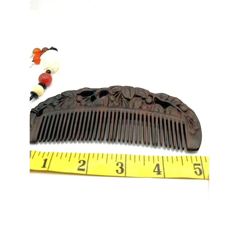 Hand‑Carved Wooden Comb w/ Engraved Cherries & Beaded Tassel